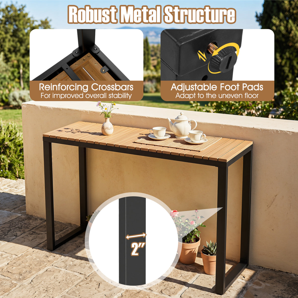 Outdoor Rectangle Console Table with Long-Lasting Acacia Wood Tabletop
