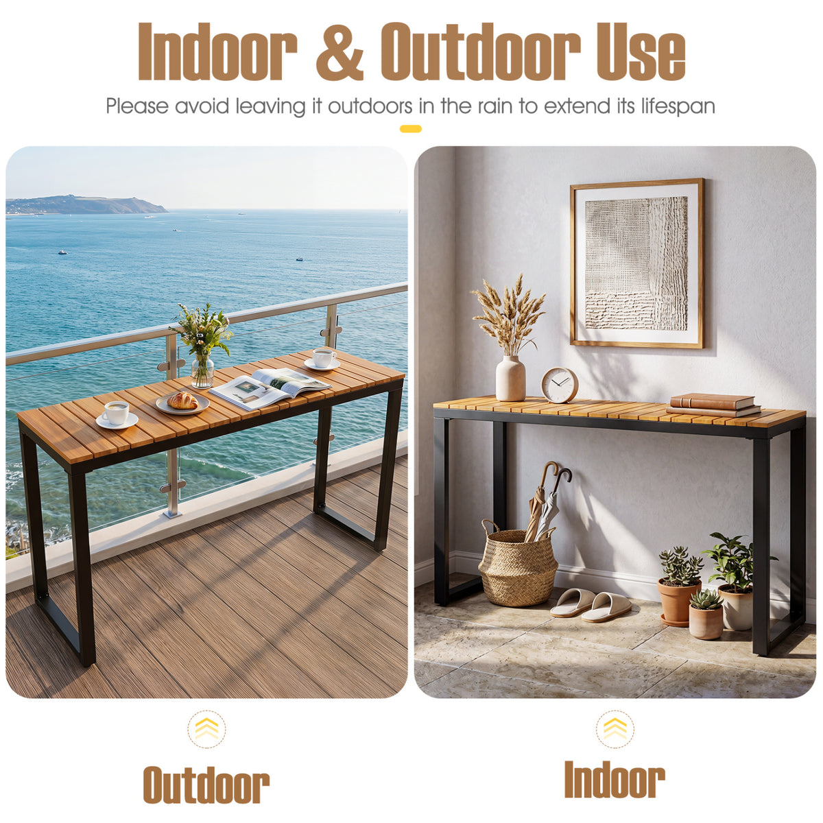 Outdoor Rectangle Console Table with Long-Lasting Acacia Wood Tabletop