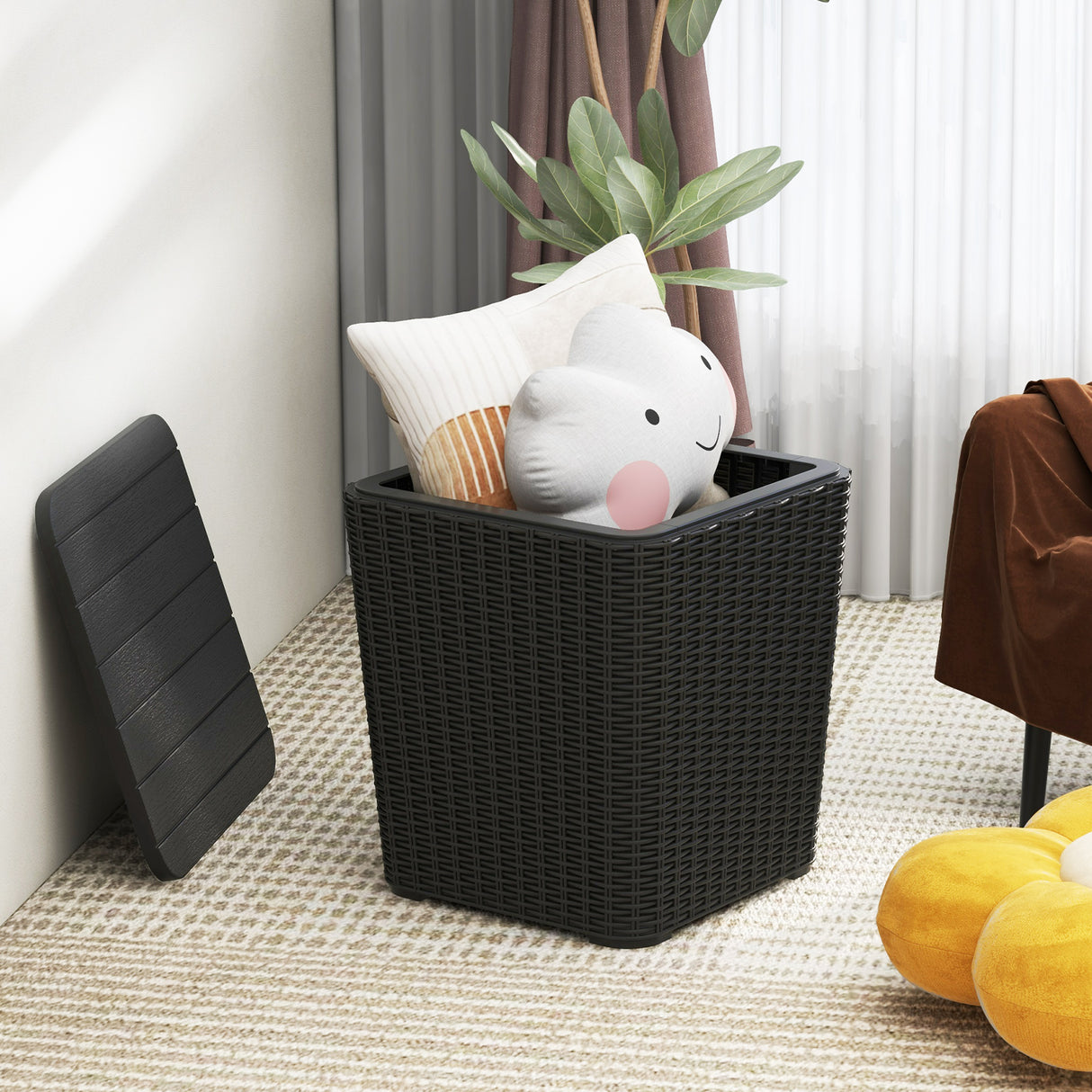 Outdoor Resin Storage Side Table with Removable Lid and Wicker-woven Accent-Black