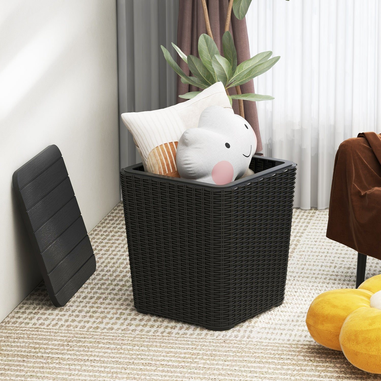 Outdoor Resin Storage Side Table with Removable Lid and Wicker-woven Accent-Black