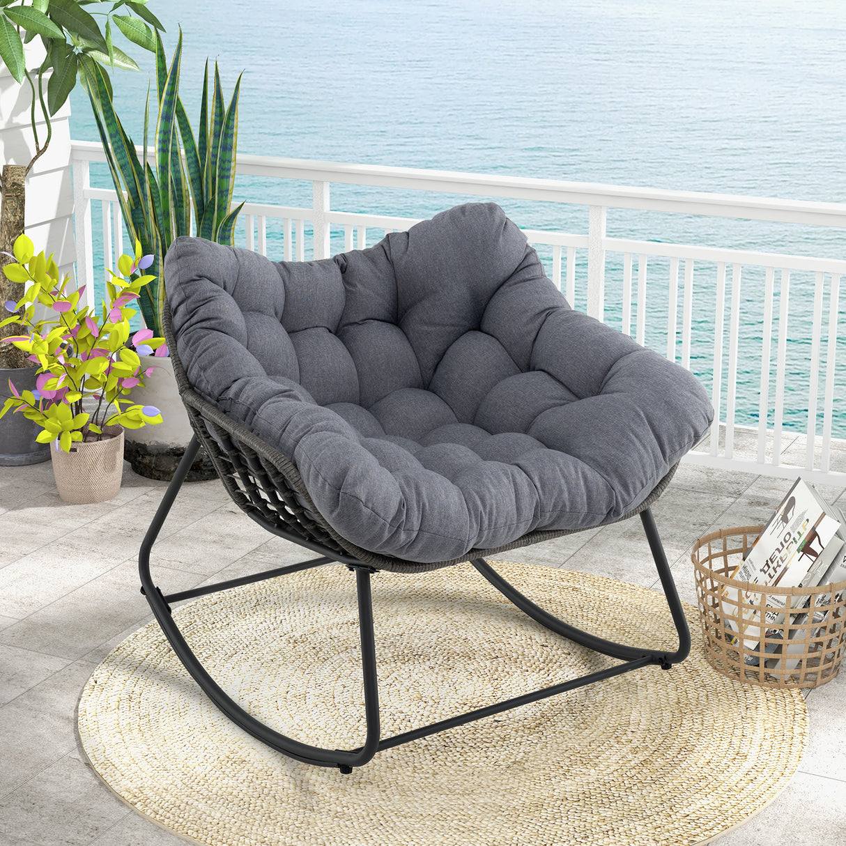 Outdoor Rocking Chair Oversized Patio PE Wicker Egg Chair with Cushion