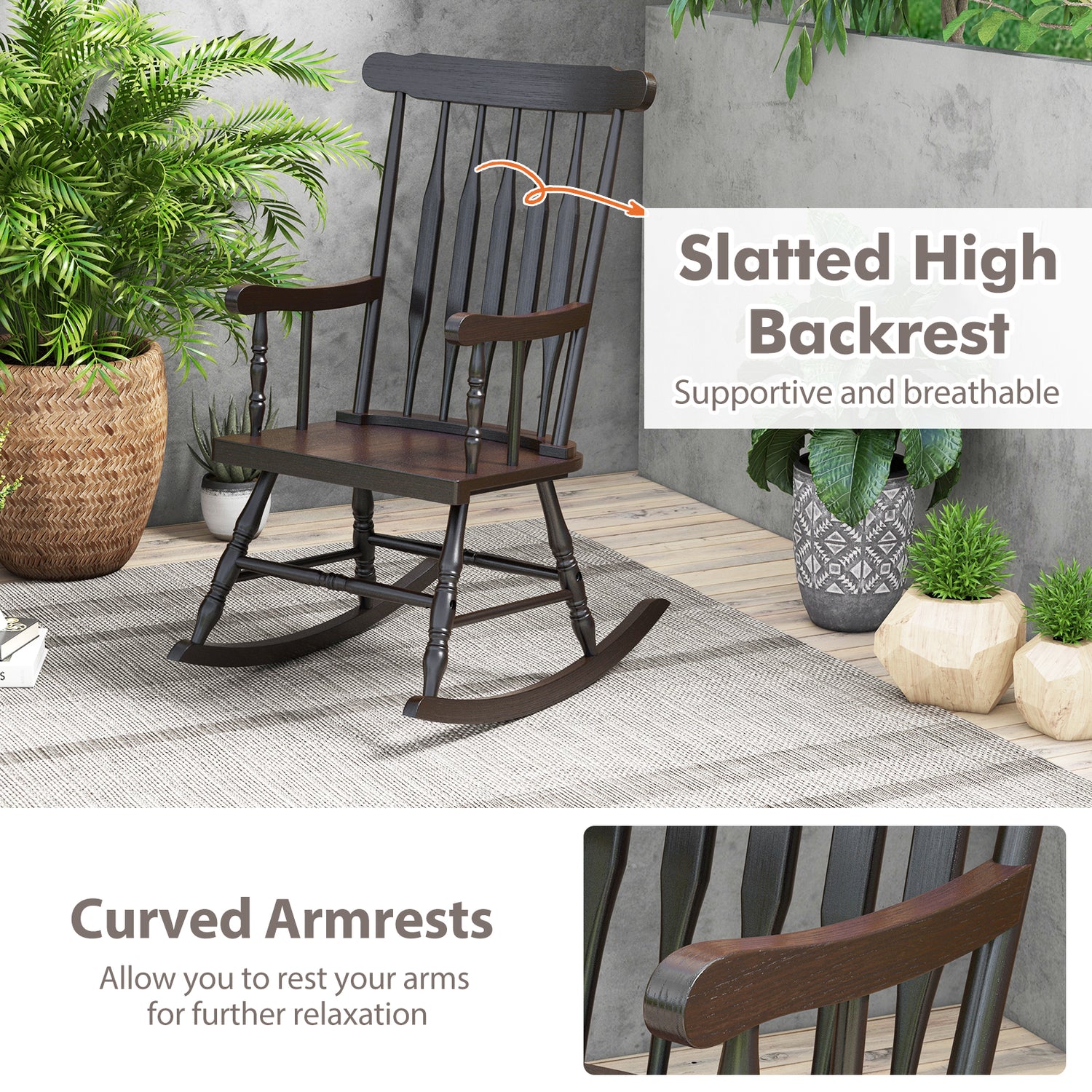 Rocking Chair with Solid Wooden Frame for Garden and Patio