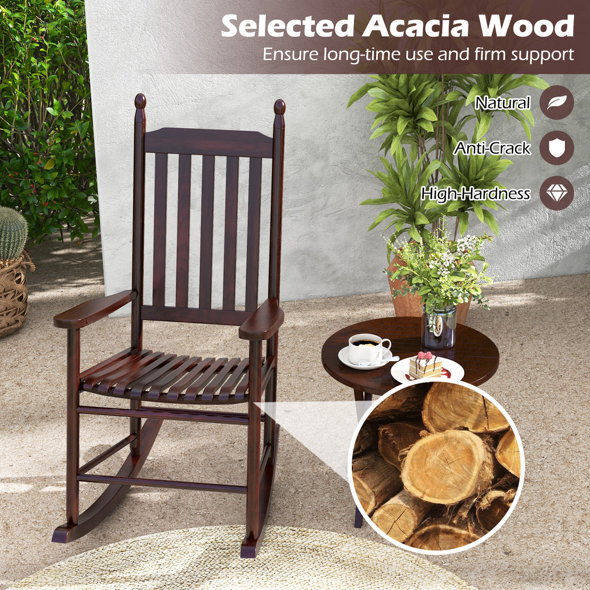 High-Back Acacia Wood Outdoor Rocking Chair with Solid Rocking Base