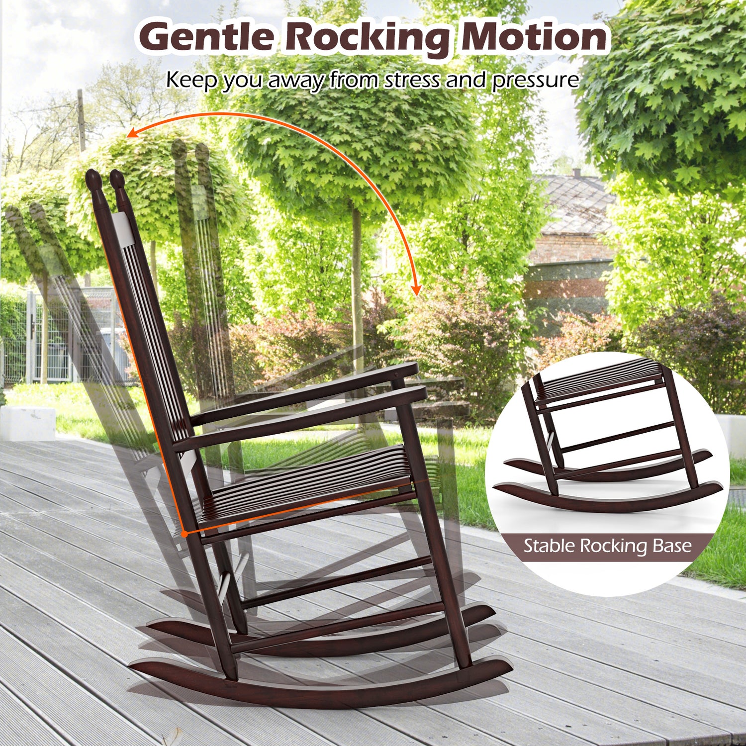 High-Back Acacia Wood Outdoor Rocking Chair with Solid Rocking Base