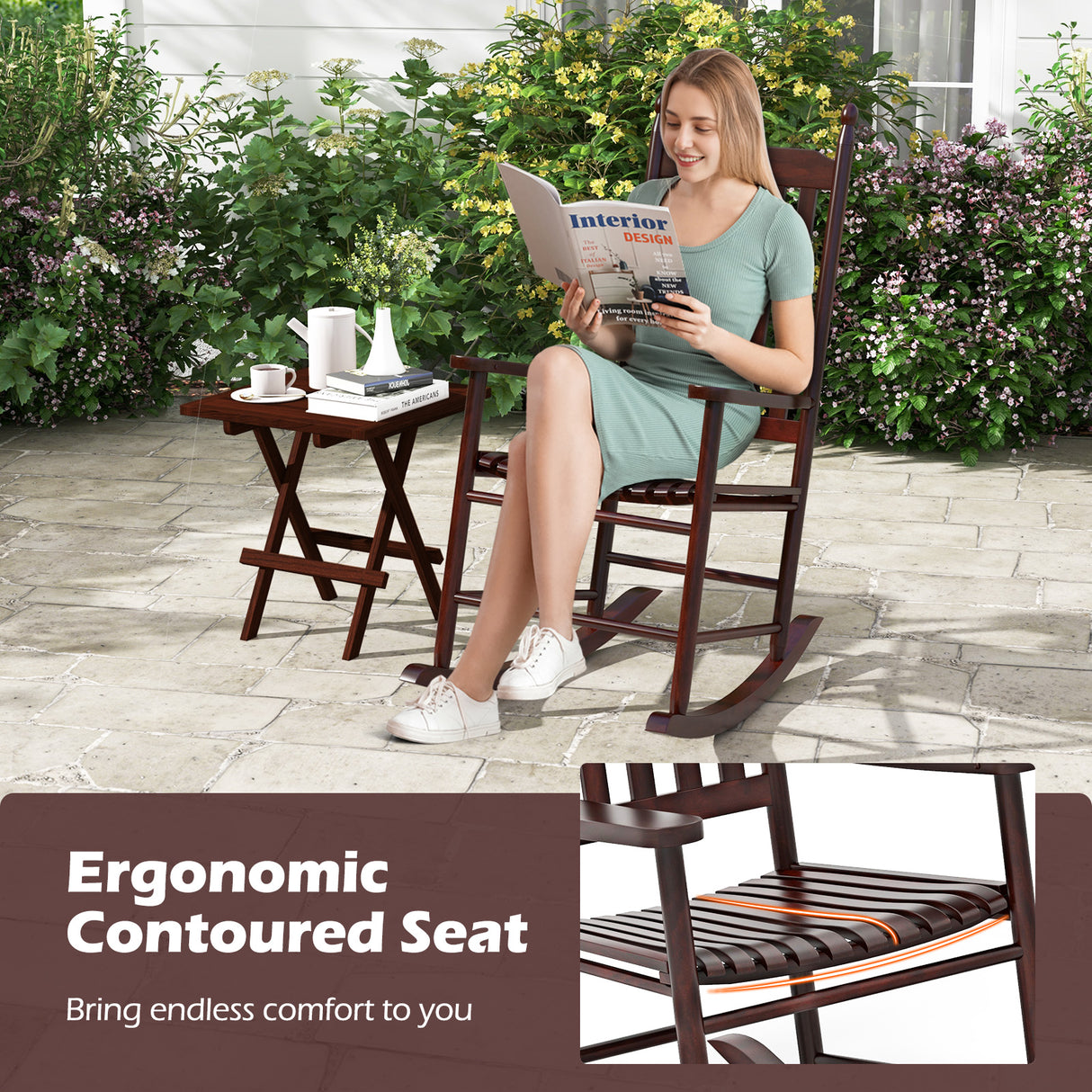 High-Back Acacia Wood Outdoor Rocking Chair with Solid Rocking Base