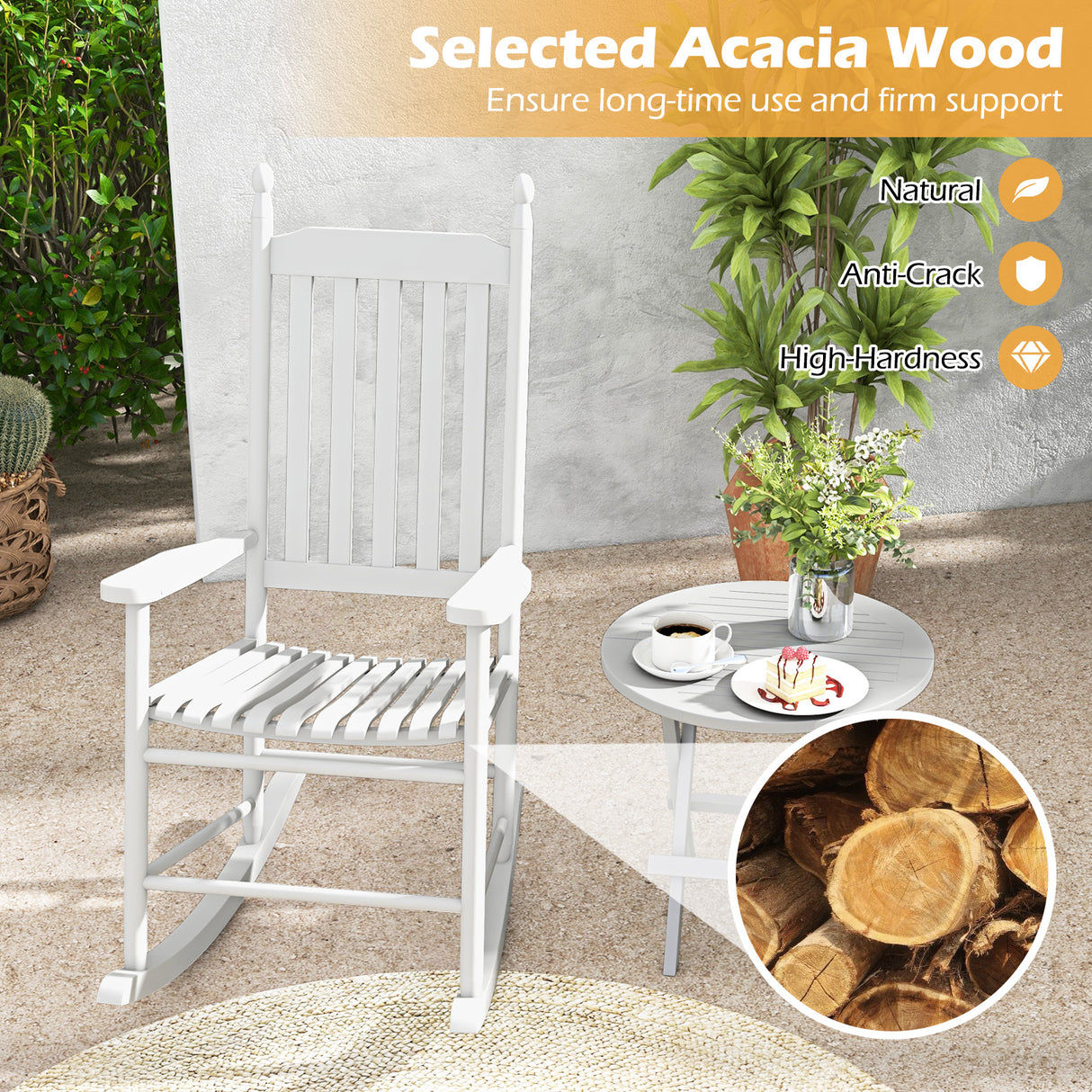 High-Back Acacia Wood Outdoor Rocking Chair with Solid Rocking Base
