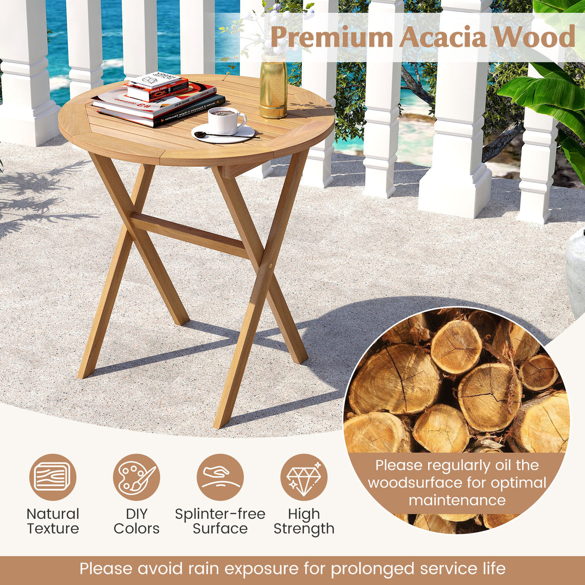 Outdoor Side Table with Slatted Tabletop and X-Shaped Structure