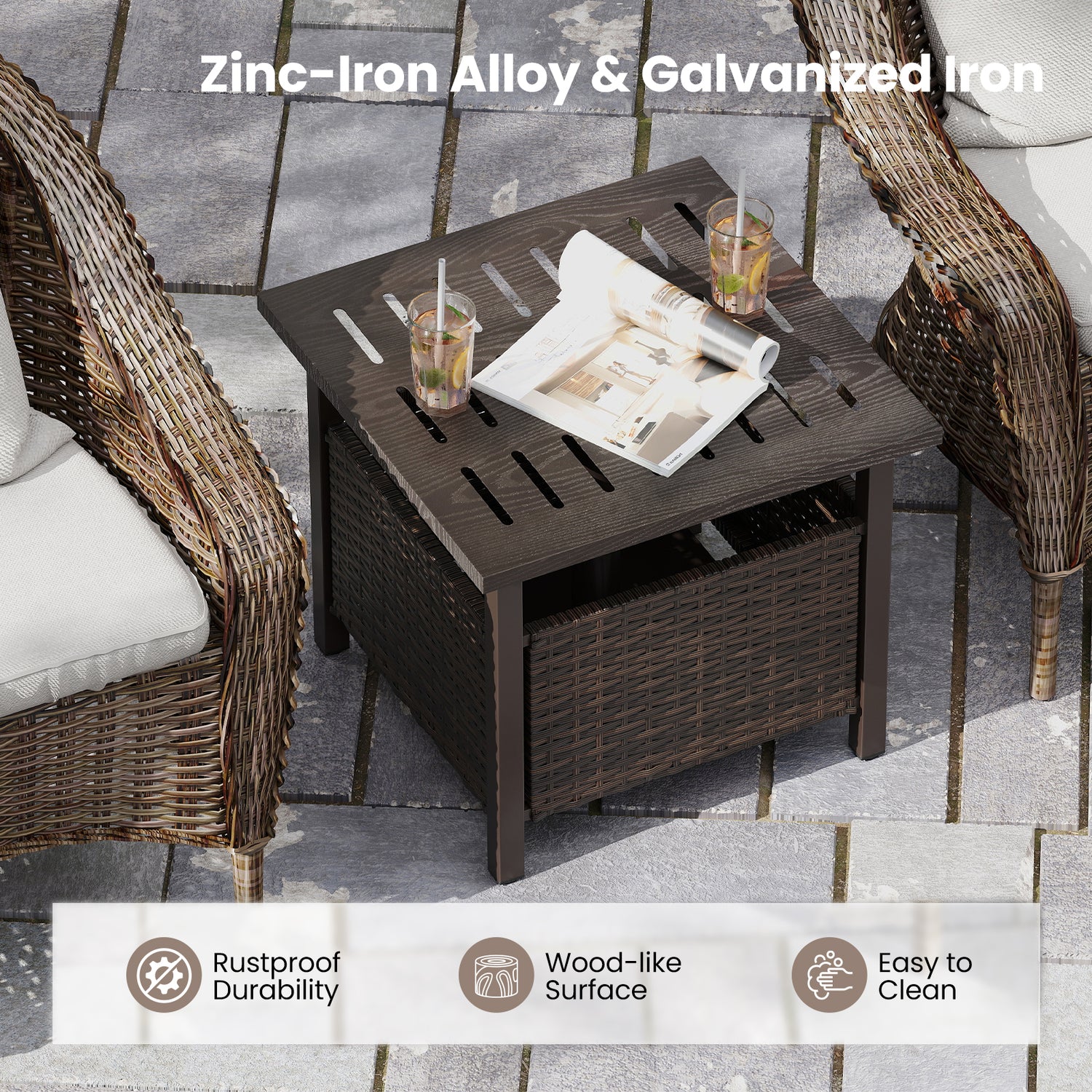 Outdoor Side Table All-Weather PE Wicker Patio Table with Umbrella Hole-Brown