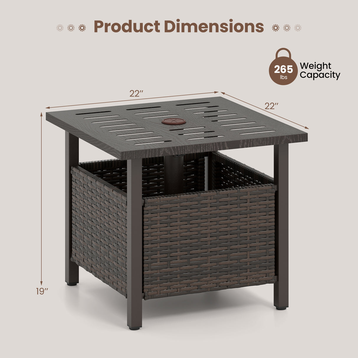 Outdoor Side Table All-Weather PE Wicker Patio Table with Umbrella Hole-Brown