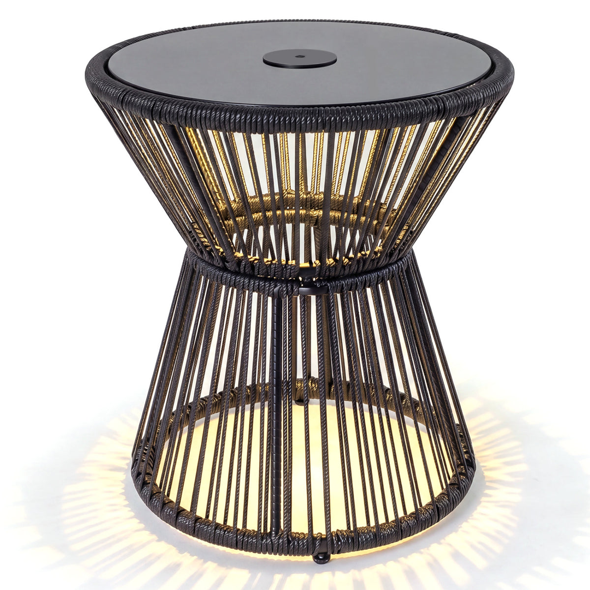 Outdoor Side Table with LED Warm Light and Tempered Glass Top-Black