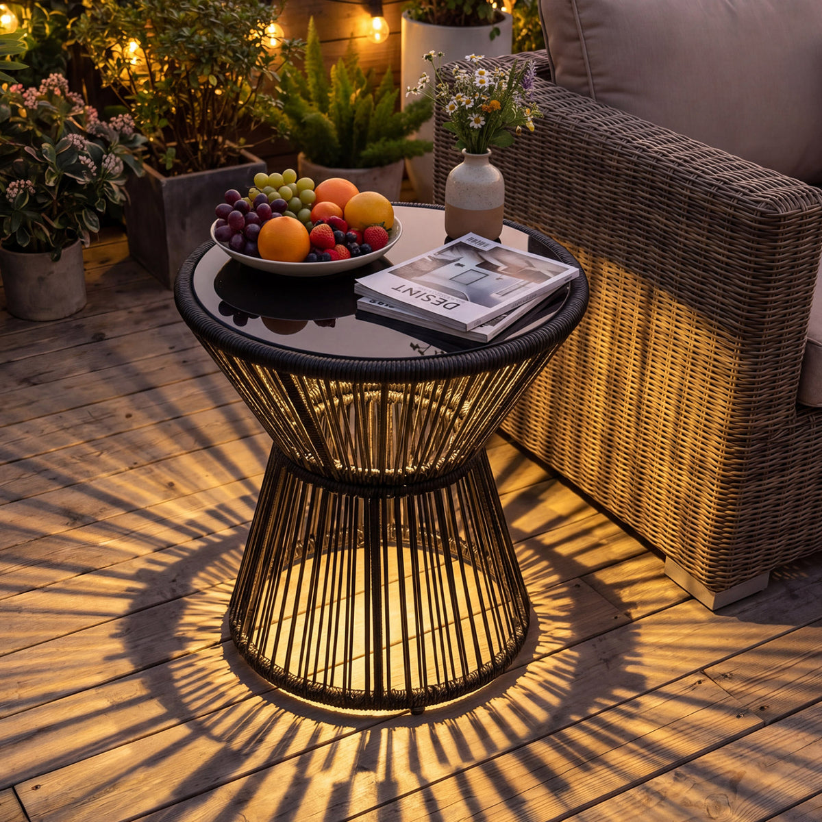Outdoor Side Table with LED Warm Light and Tempered Glass Top-Black