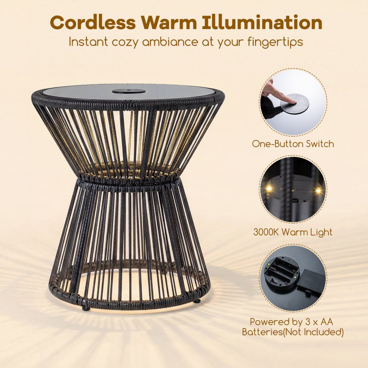 Outdoor Side Table with LED Warm Light and Tempered Glass Top-Black
