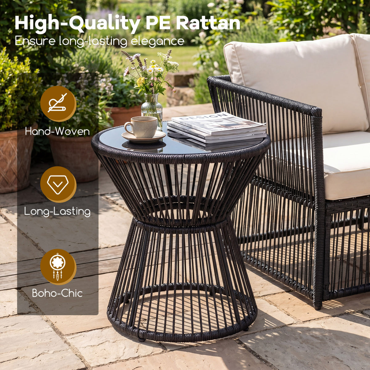 Outdoor Side Table with LED Warm Light and Tempered Glass Top-Black