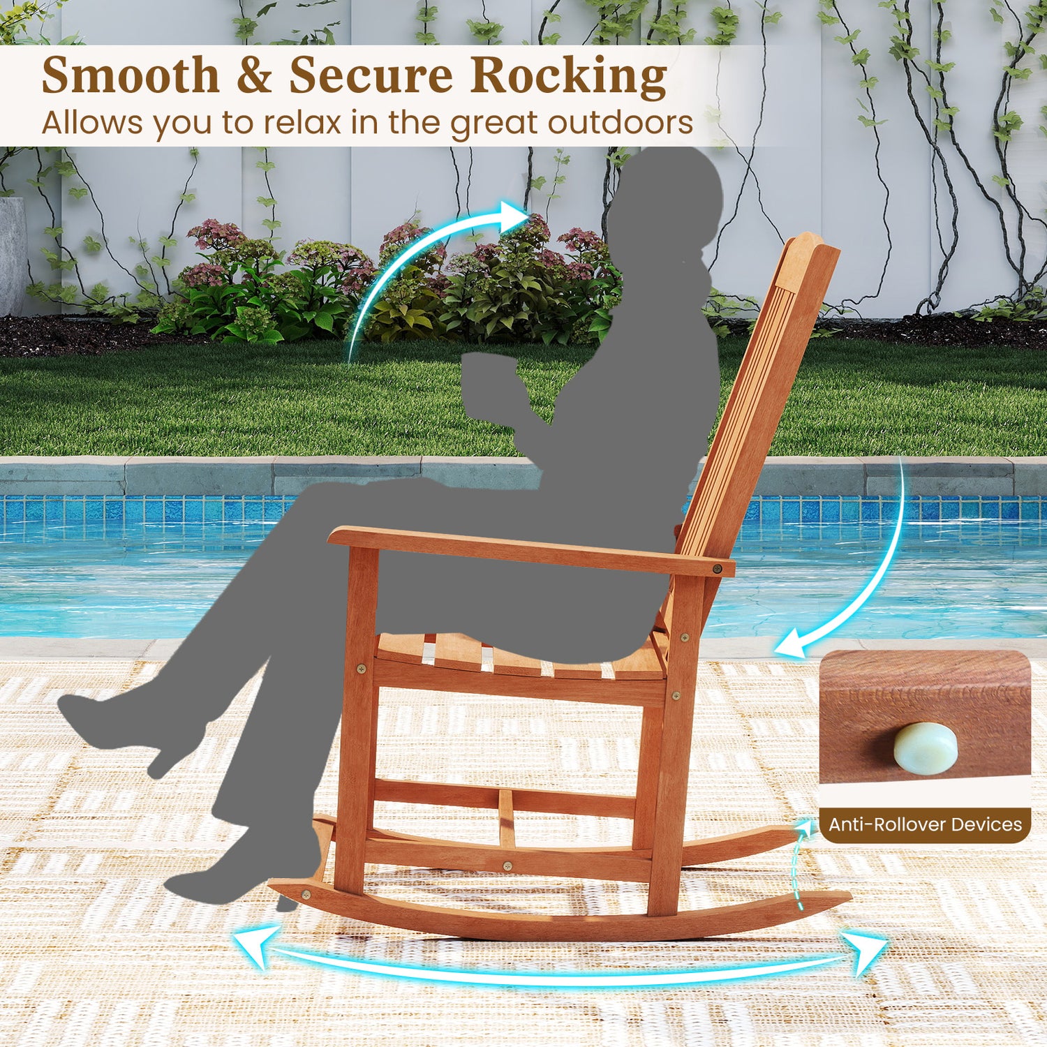 Outdoor Rocking Chair Solid Wood High Back Rocker with Slatted Seat