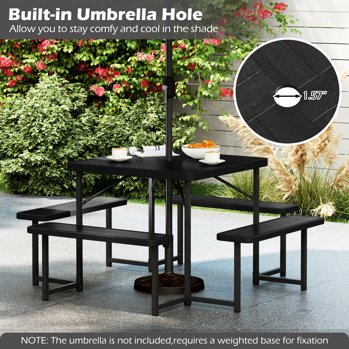 Outdoor Square Picnic Table Bench Set for 4-8 People with Umbrella Hole
