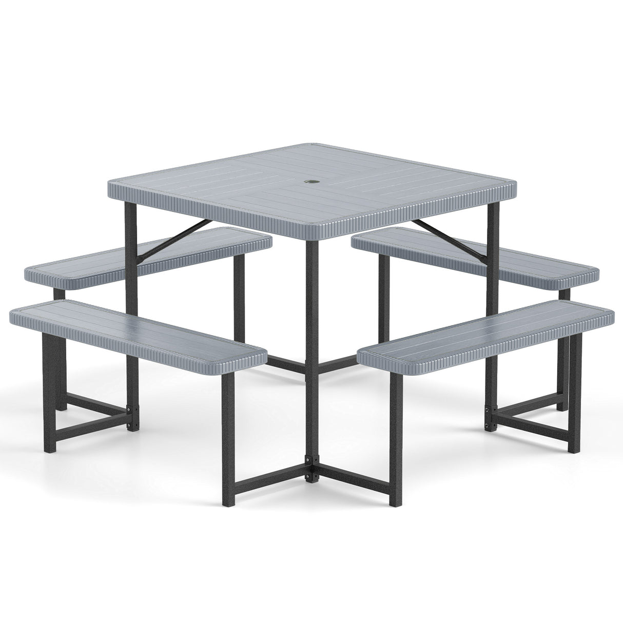 Outdoor Square Picnic Table Bench Set for 4-8 People with Umbrella Hole