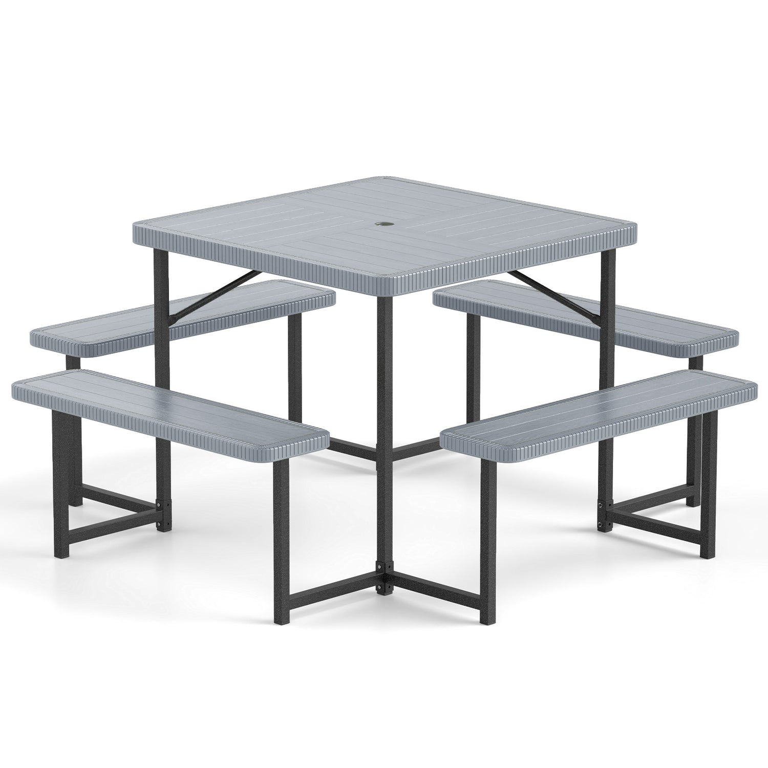 Outdoor Square Picnic Table Bench Set for 4-8 People with Umbrella Hole
