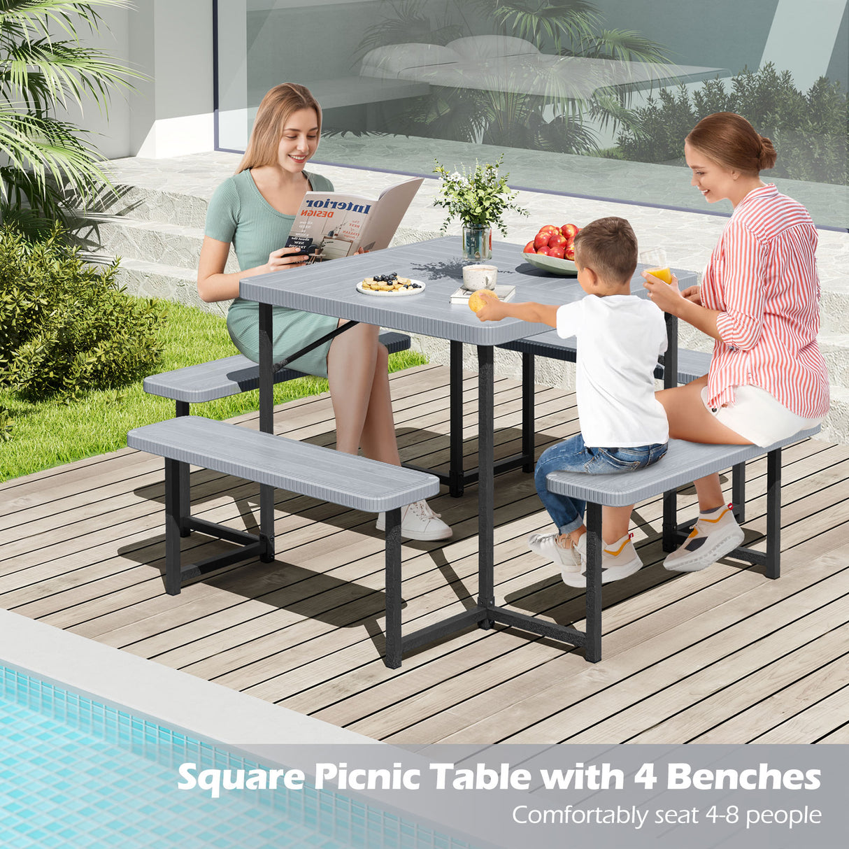 Outdoor Square Picnic Table Bench Set for 4-8 People with Umbrella Hole