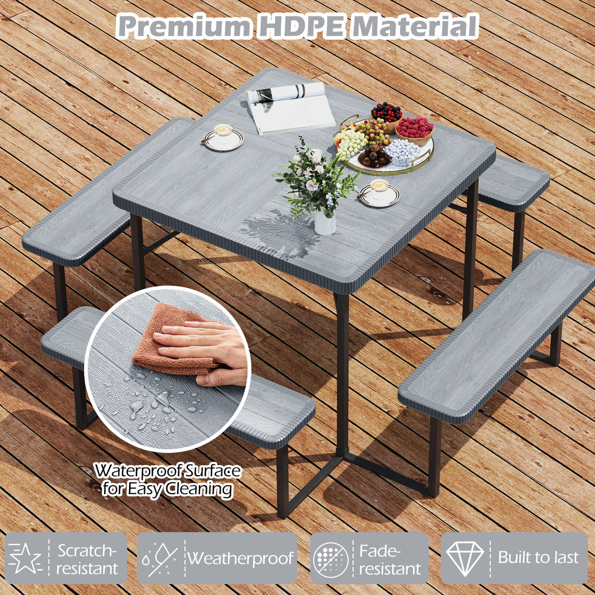 Outdoor Square Picnic Table Bench Set for 4-8 People with Umbrella Hole