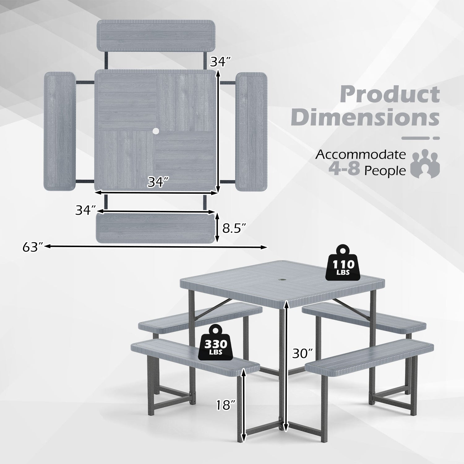 Outdoor Square Picnic Table Bench Set for 4-8 People with Umbrella Hole
