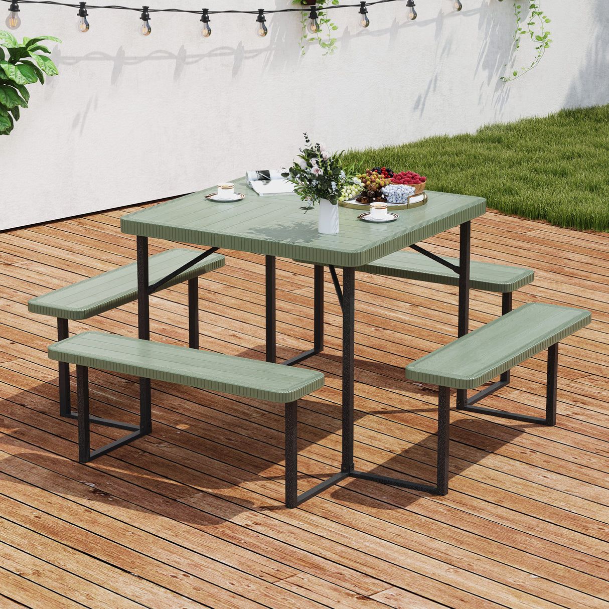 Outdoor Square Picnic Table Bench Set for 4-8 People with Umbrella Hole