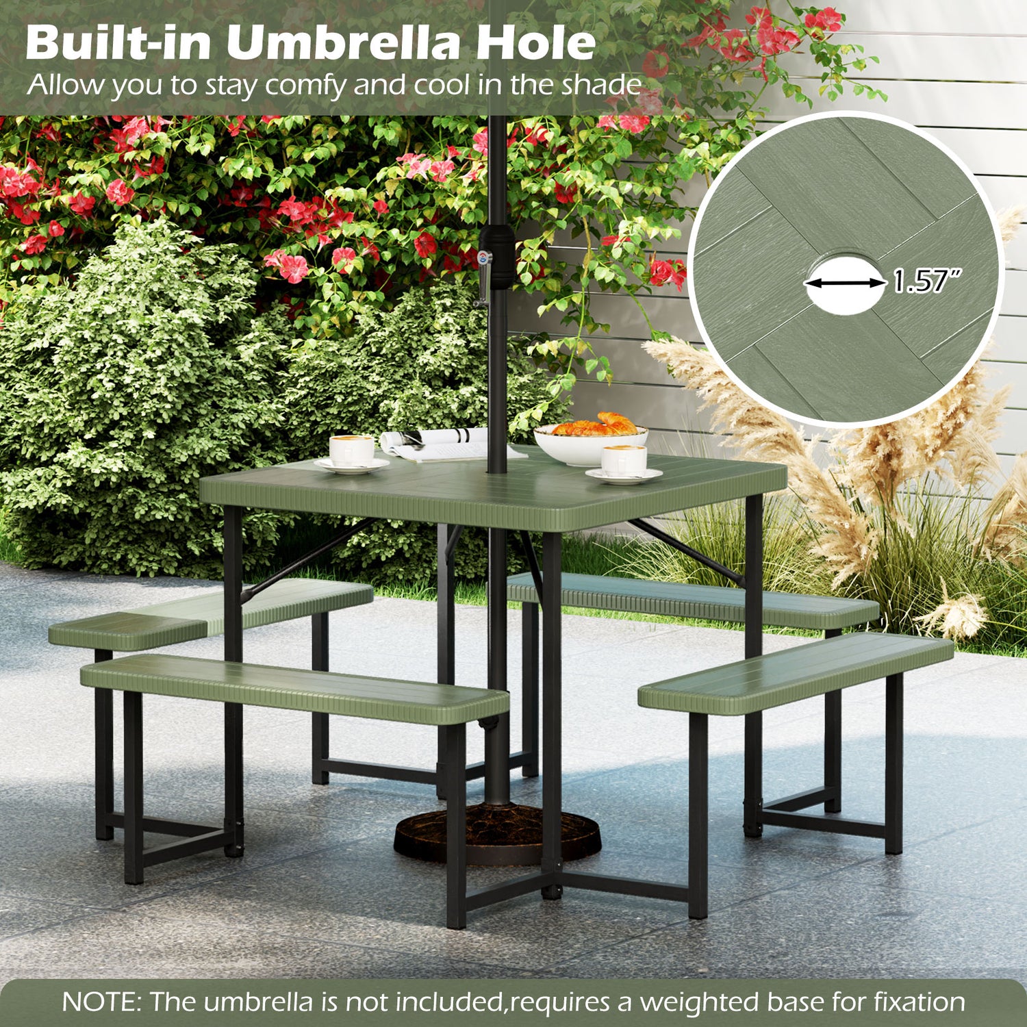 Outdoor Square Picnic Table Bench Set for 4-8 People with Umbrella Hole