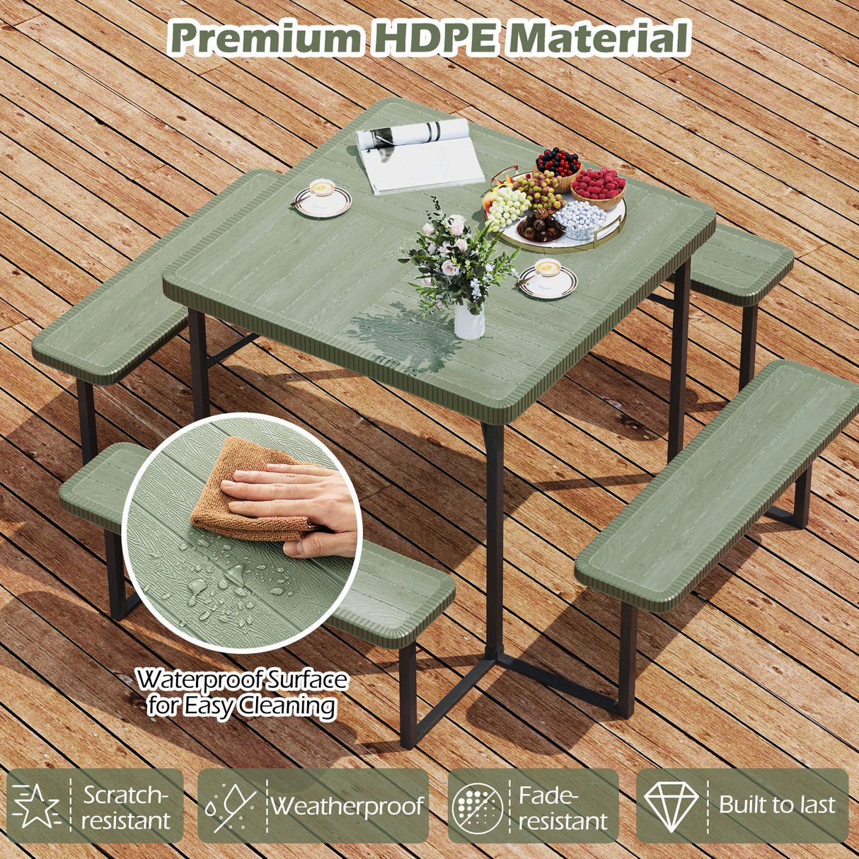 Outdoor Square Picnic Table Bench Set for 4-8 People with Umbrella Hole