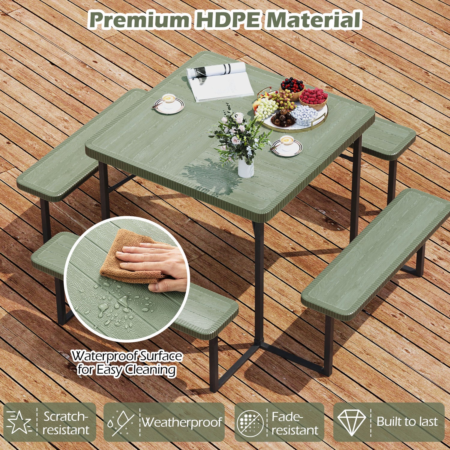 Outdoor Square Picnic Table Bench Set for 4-8 People with Umbrella Hole