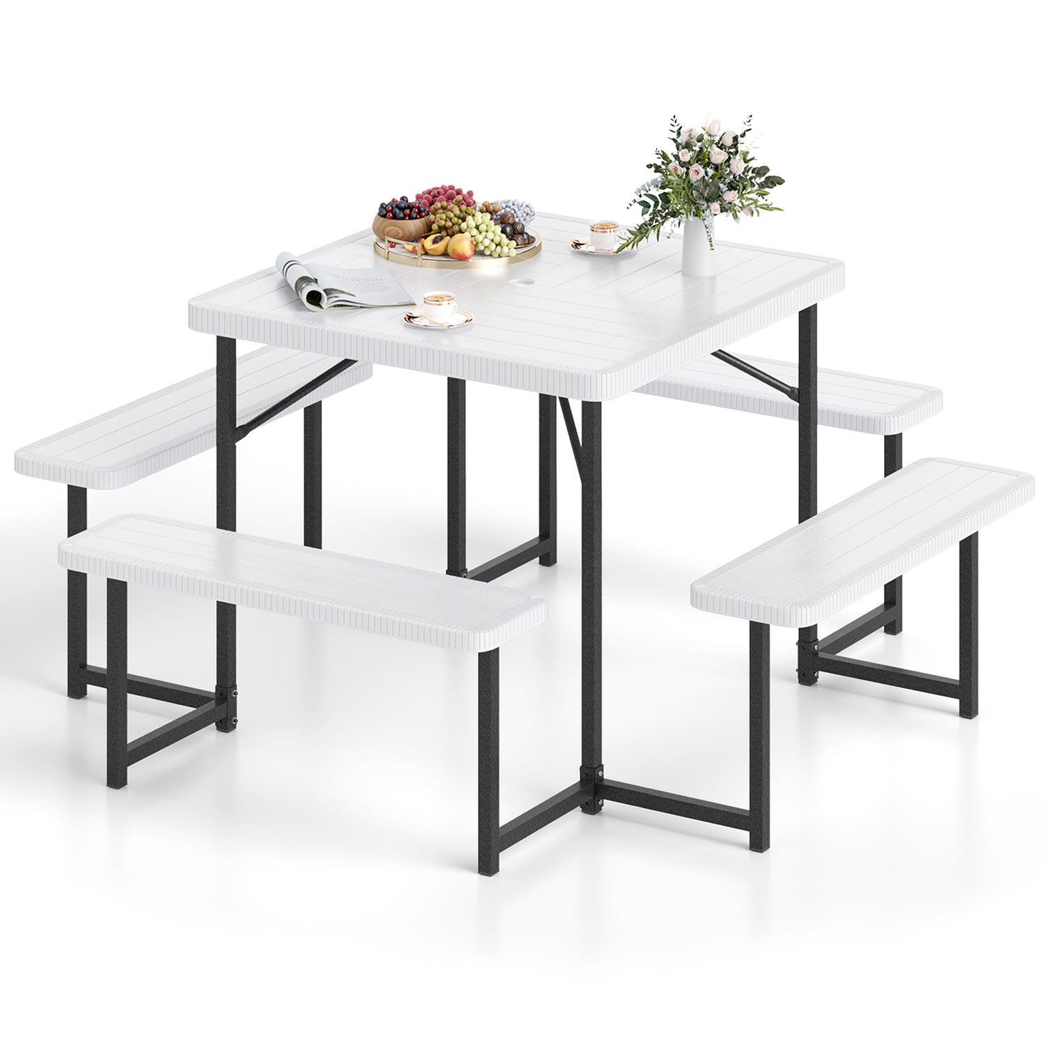Outdoor Square Picnic Table Bench Set for 4-8 People with Umbrella Hole