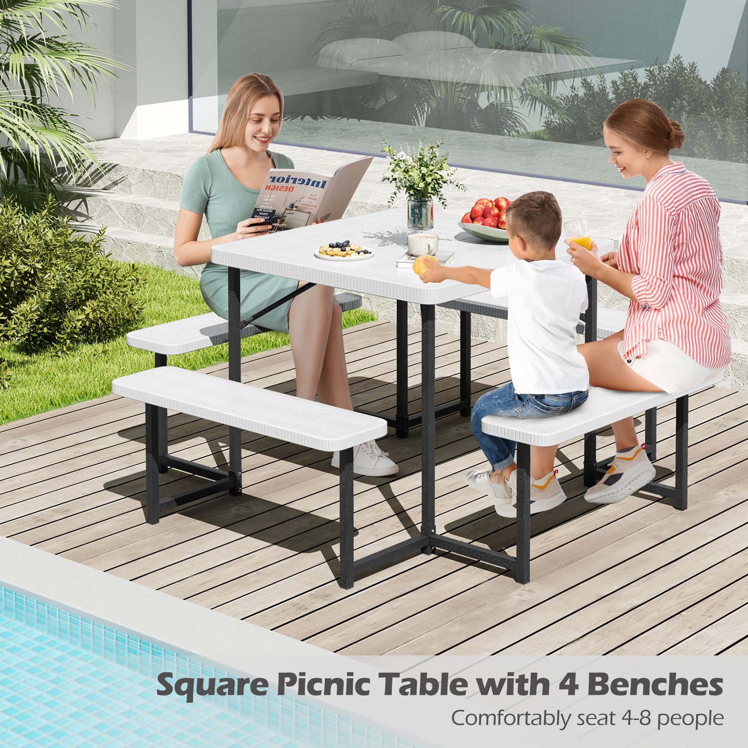 Outdoor Square Picnic Table Bench Set for 4-8 People with Umbrella Hole