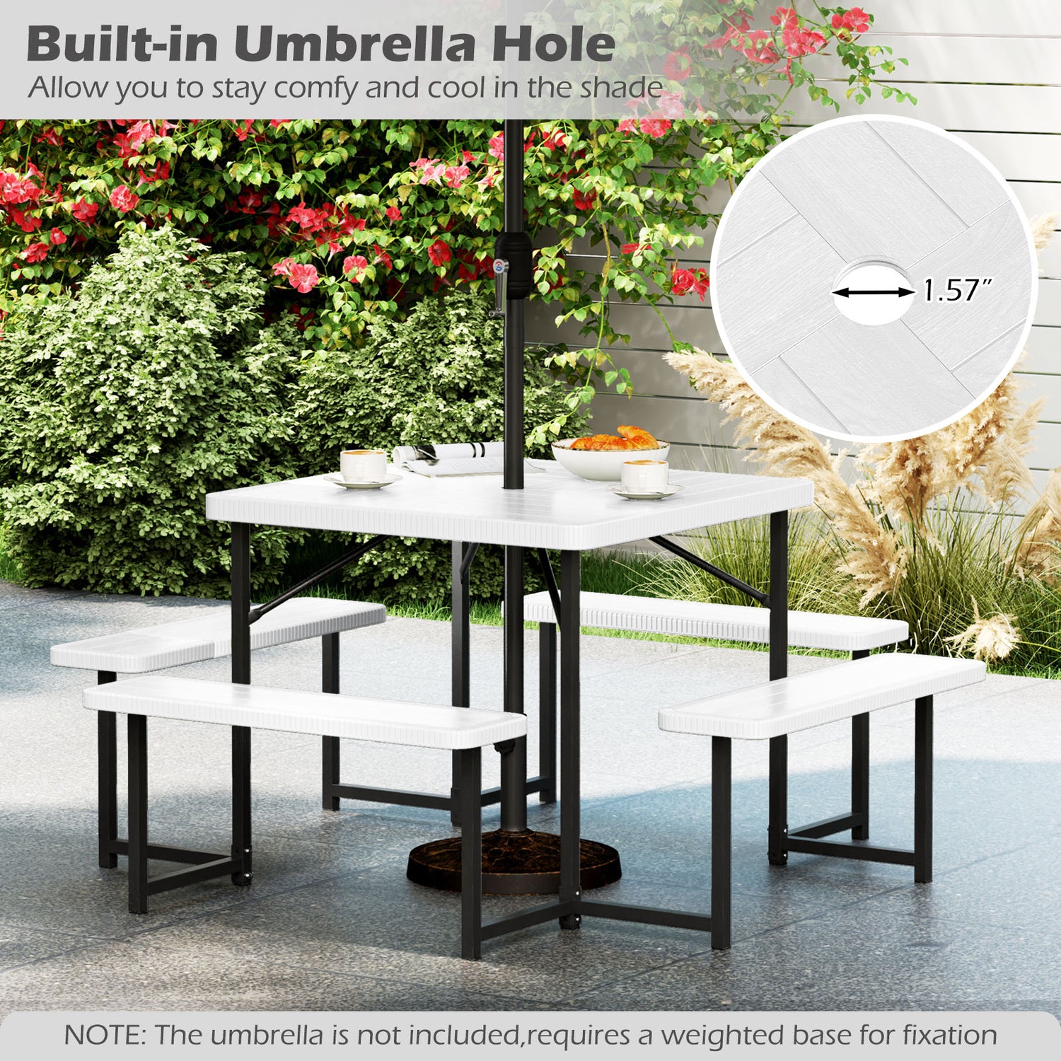 Outdoor Square Picnic Table Bench Set for 4-8 People with Umbrella Hole