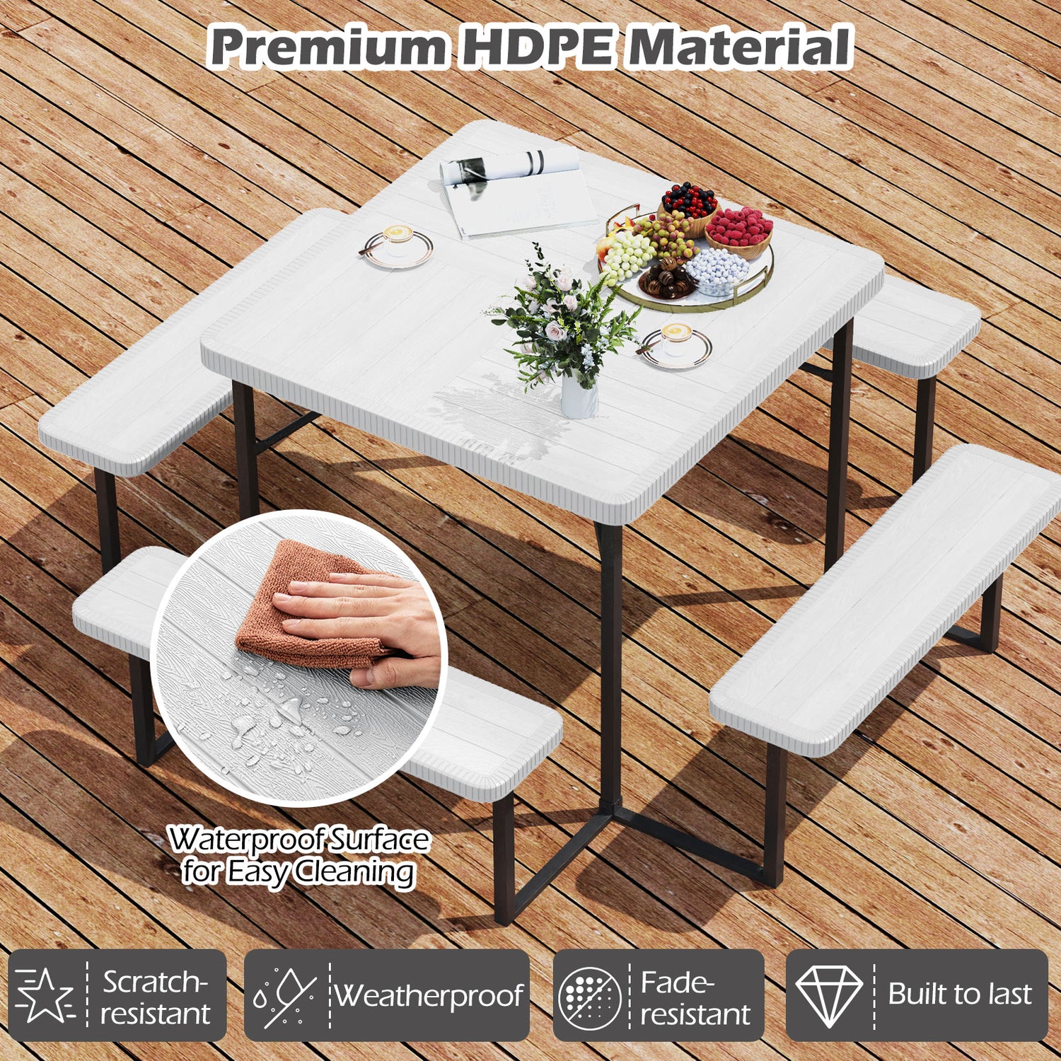 Outdoor Square Picnic Table Bench Set for 4-8 People with Umbrella Hole