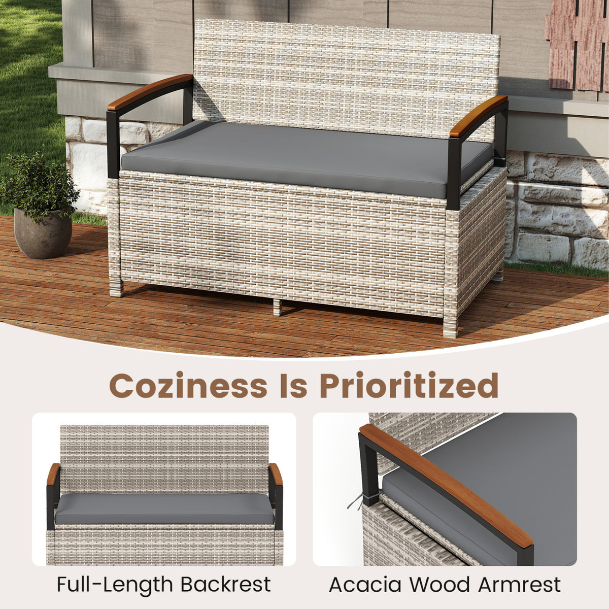 Outdoor Storage Bench Deck Box Patio Furniture with Cushion