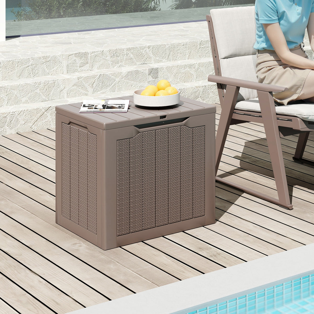 Outdoor Storage Box 25 Gallon Deck Box with Lockable Lid and Wicker-woven Texture