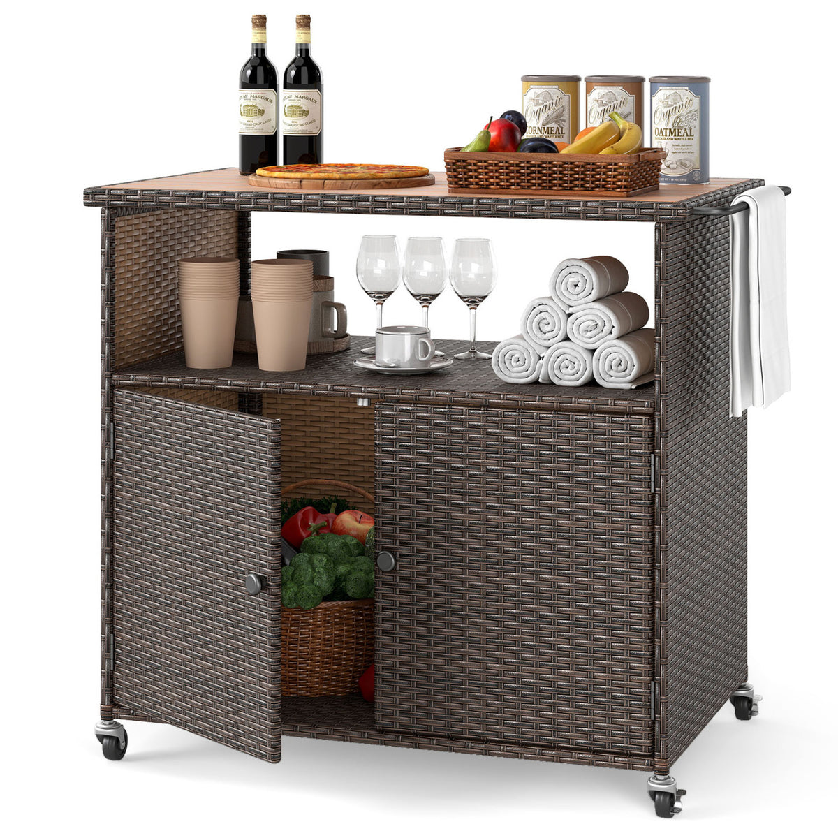 Outdoor Storage Cabinet with Acacia Wood Top and Lockable Wheels