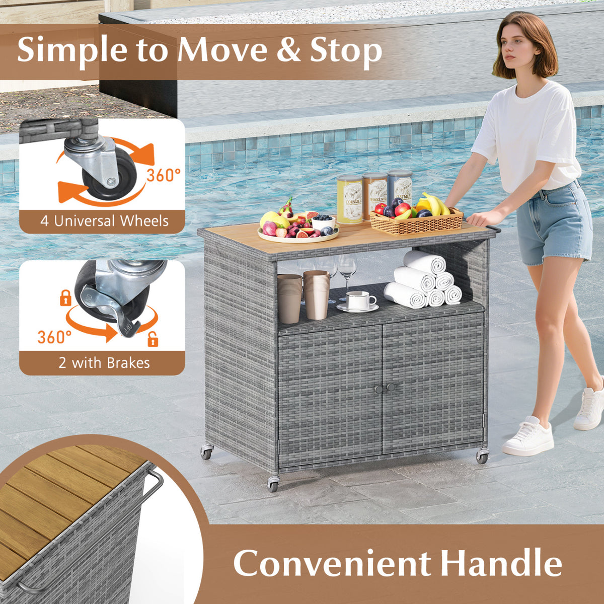 Outdoor Storage Cabinet with Acacia Wood Top and Lockable Wheels