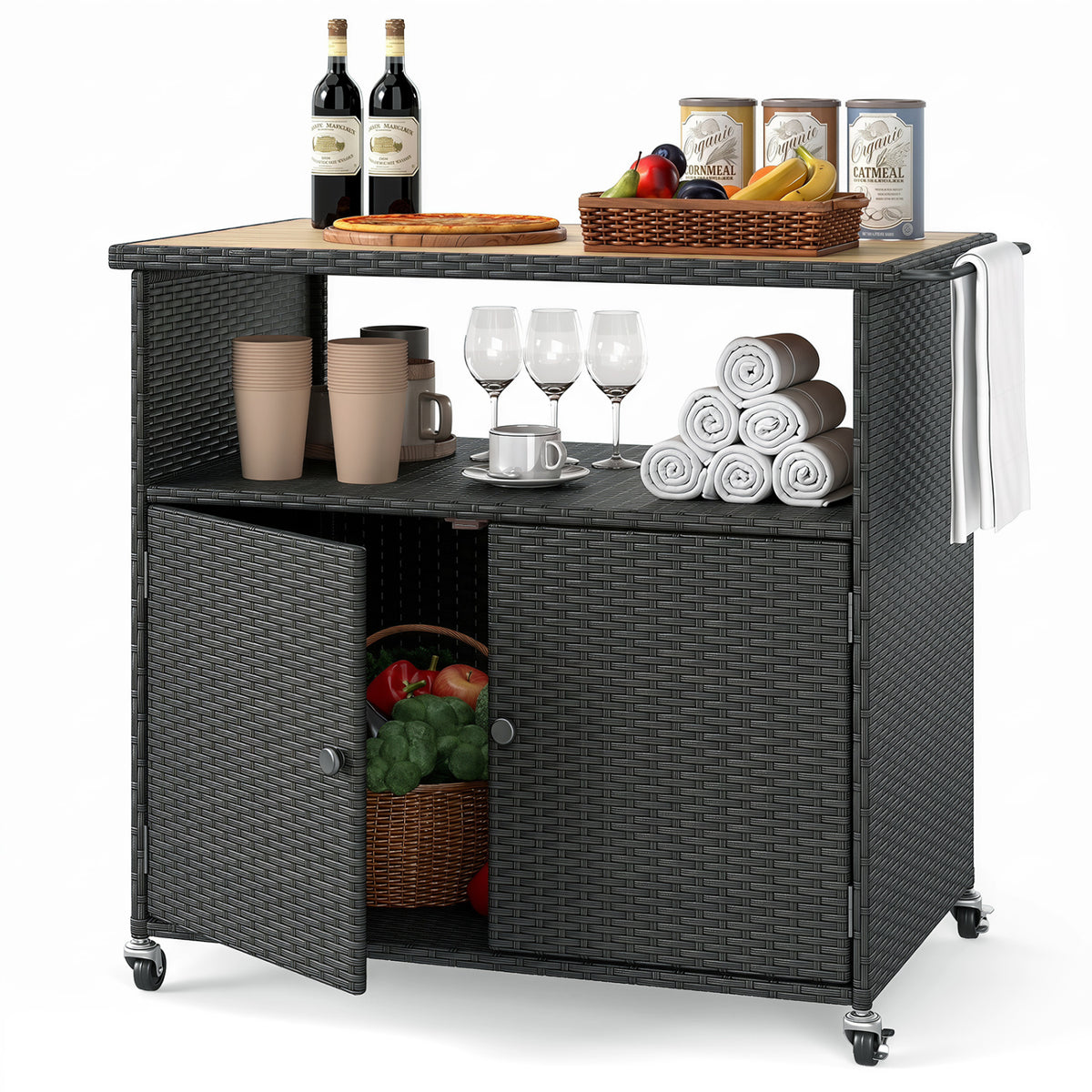 Outdoor Storage Cabinet with Acacia Wood Top and Lockable Wheels
