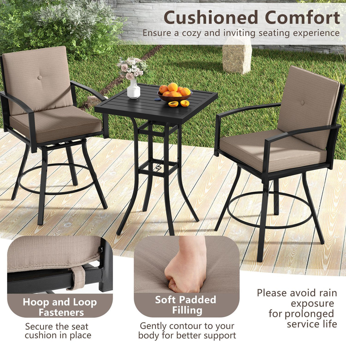 Outdoor Swivel Bar Stools Set of 2 Bar Height Patio Chairs with High Backrest
