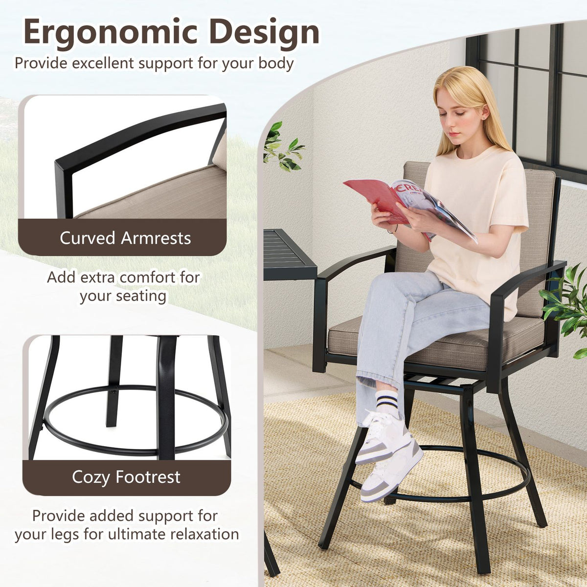 Outdoor Swivel Bar Stools Set of 2 Bar Height Patio Chairs with High Backrest