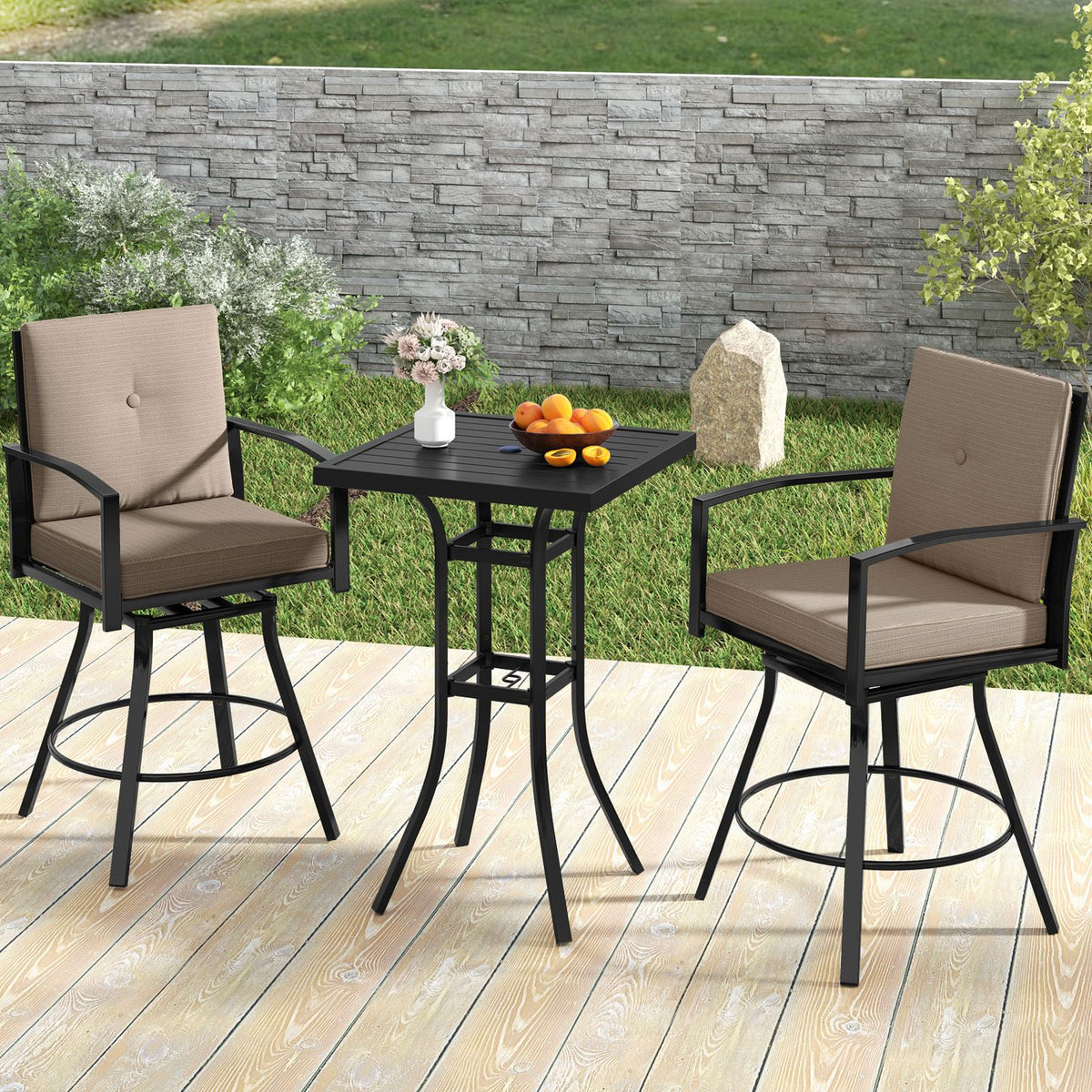 Outdoor Swivel Bar Stools Set of 2 Bar Height Patio Chairs with High Backrest