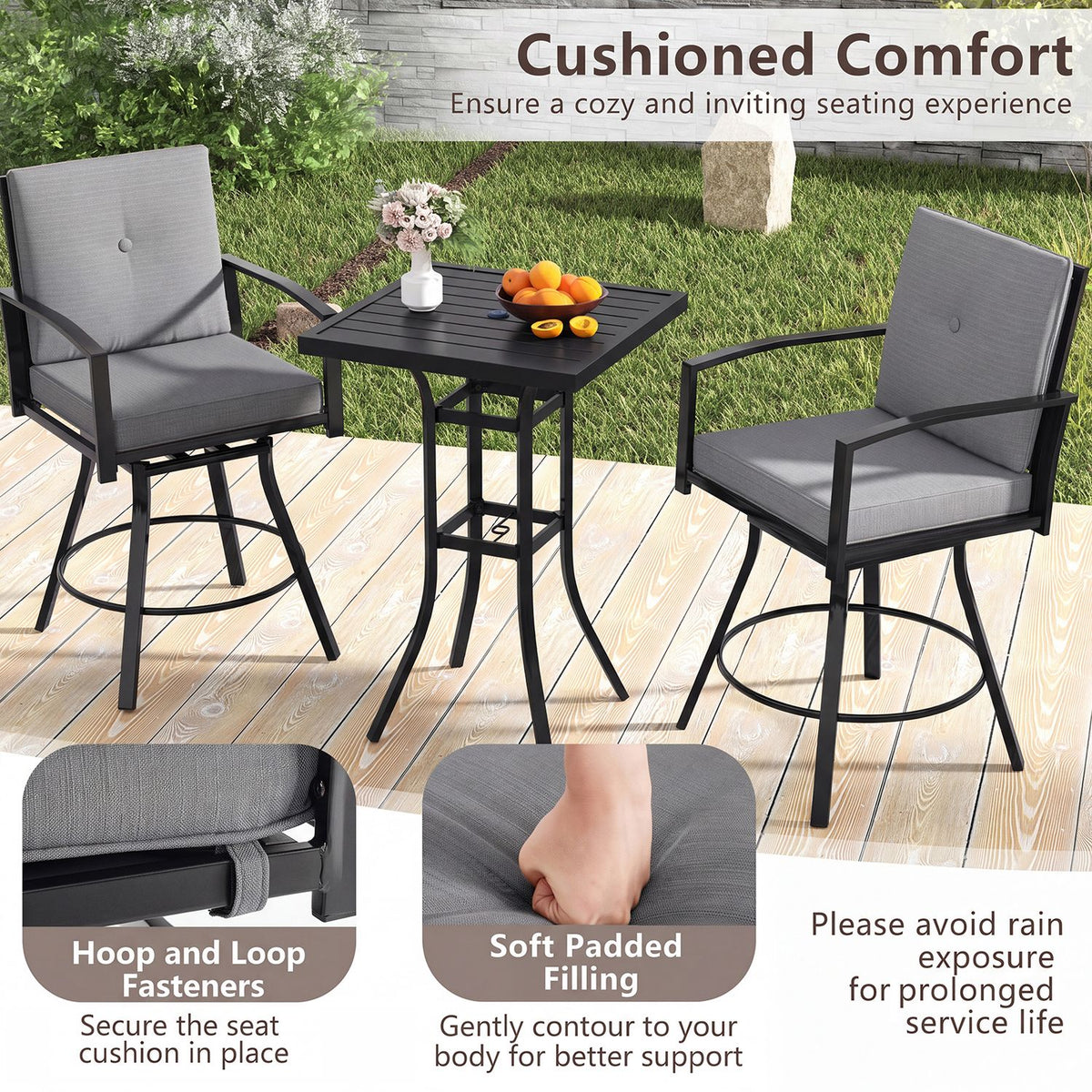 Outdoor Swivel Bar Stools Set of 2 Bar Height Patio Chairs with High Backrest
