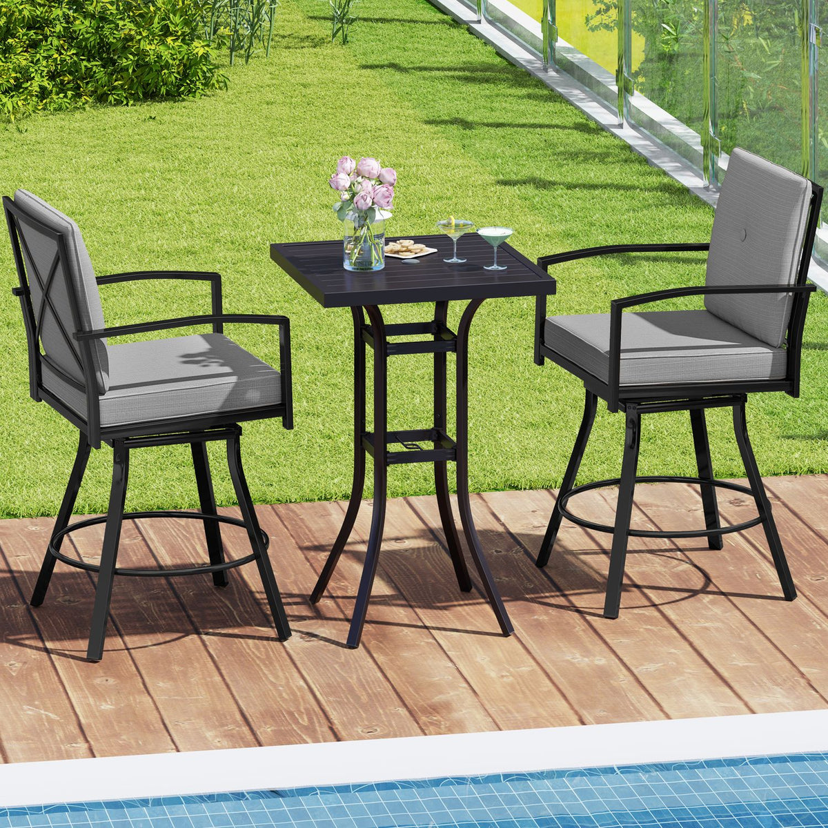 Outdoor Swivel Bar Stools Set of 2 Bar Height Patio Chairs with High Backrest