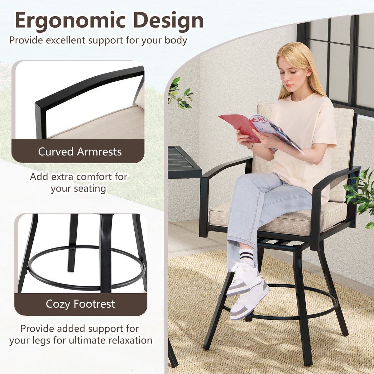Outdoor Swivel Bar Stools Set of 2 Bar Height Patio Chairs with High Backrest
