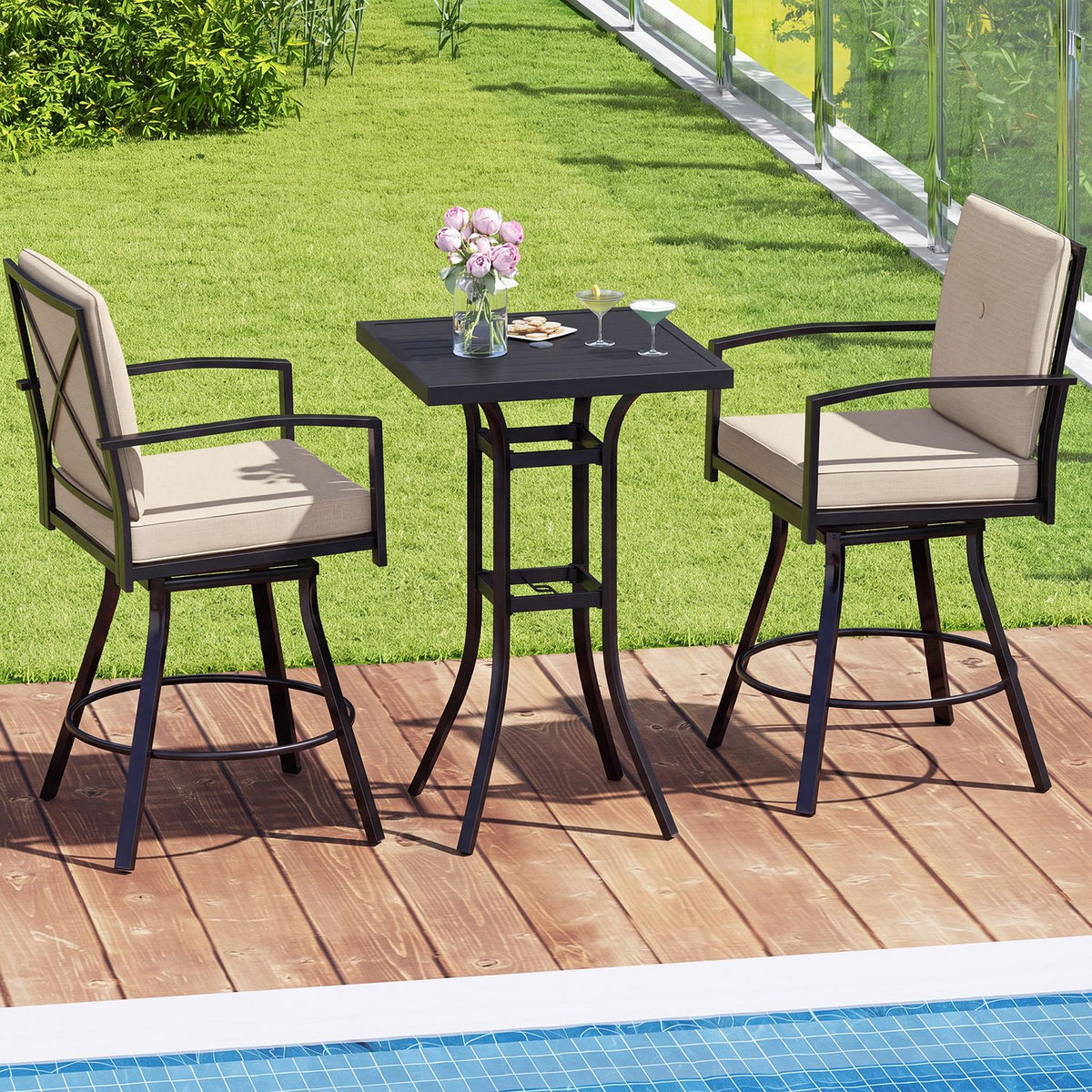 Outdoor Swivel Bar Stools Set of 2 Bar Height Patio Chairs with High Backrest