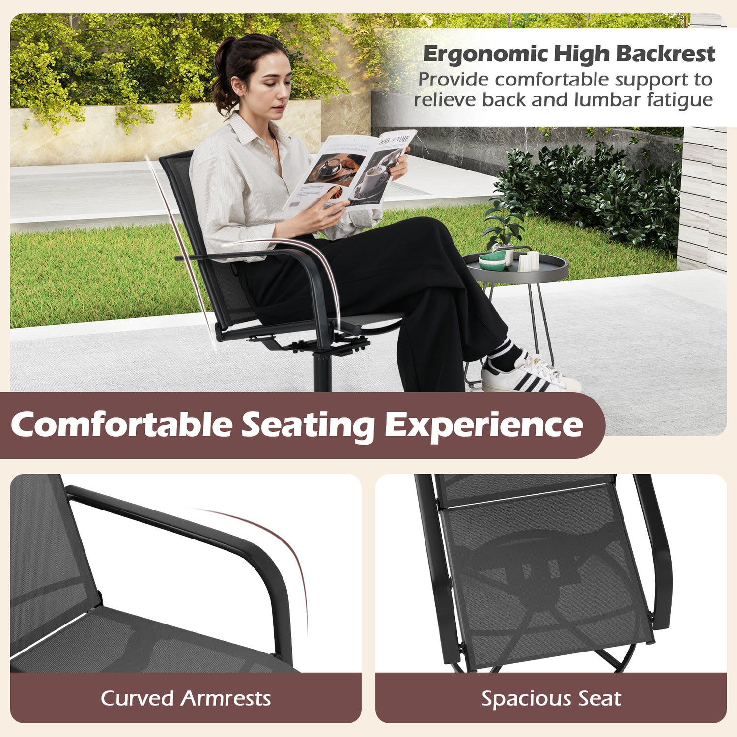 Outdoor Swivel Chairs Set of 2 with High Back and Breathable Seat