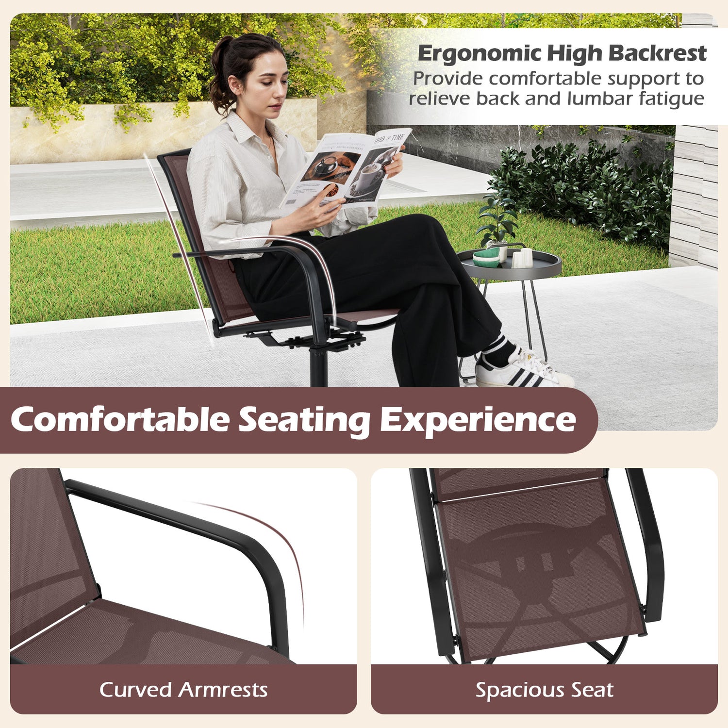 Outdoor Swivel Chairs Set of 2 with High Back and Breathable Seat