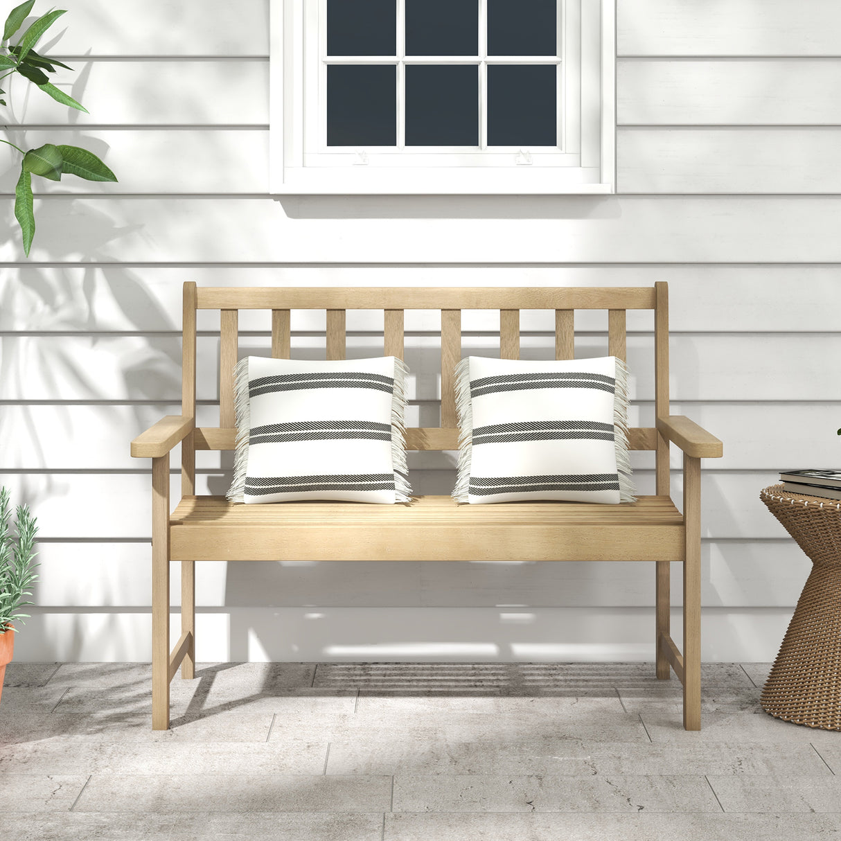 Outdoor Indonesia Teak Wood Garden Bench 2-Person with Backrest and Armrests