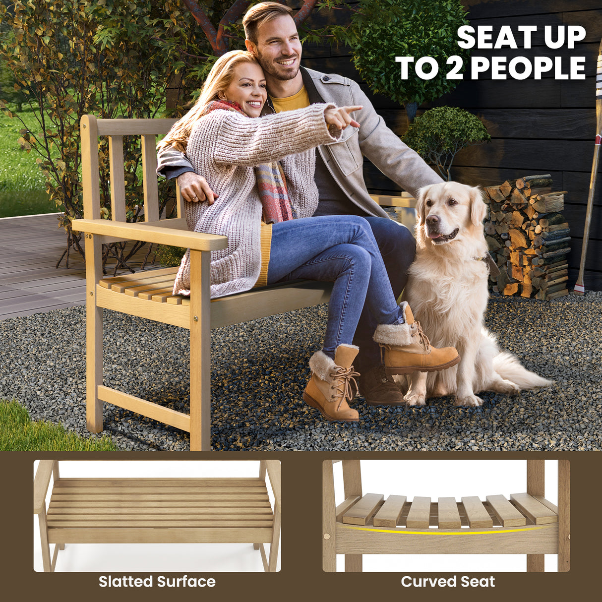 Outdoor Indonesia Teak Wood Garden Bench 2-Person with Backrest and Armrests