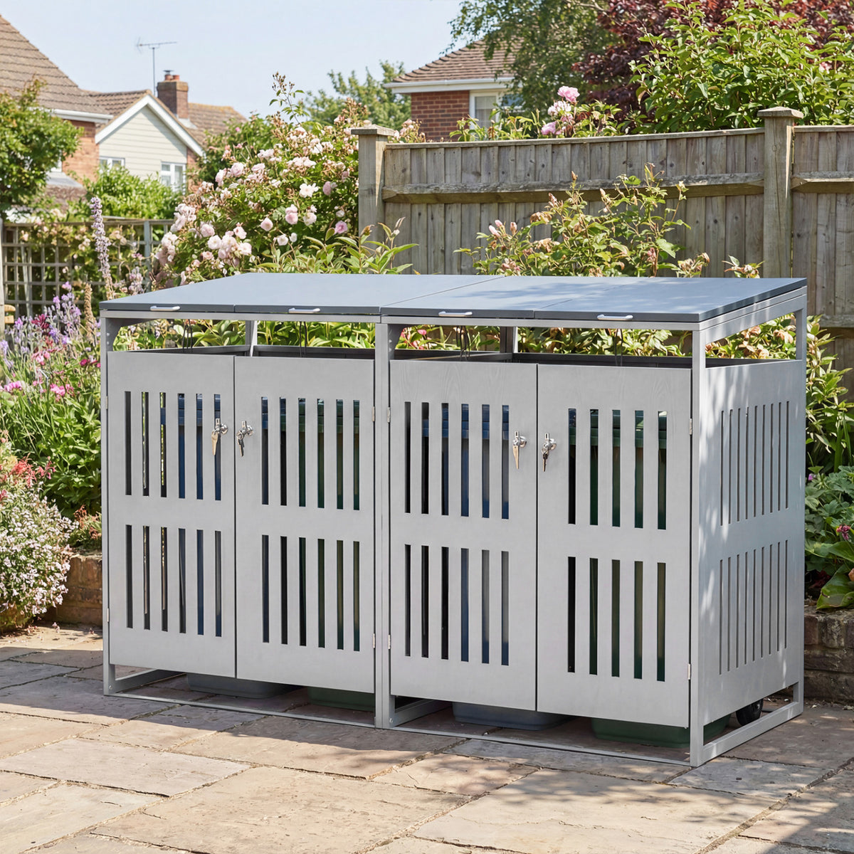 Outdoor Trash Can Storage Shed for 2 Bins with Gas Struts