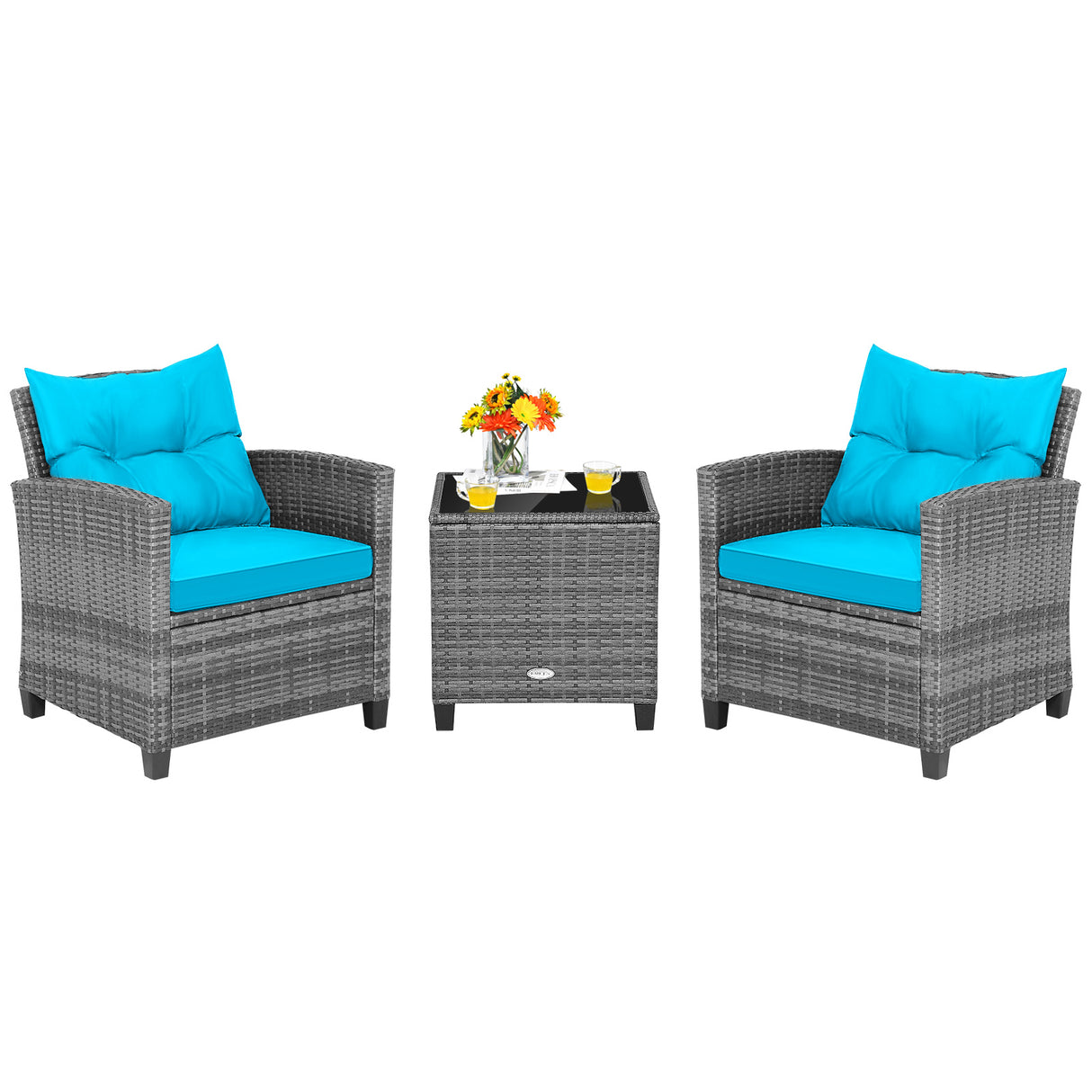 3 Pieces Outdoor Wicker Conversation Set with Tempered Glass Tabletop